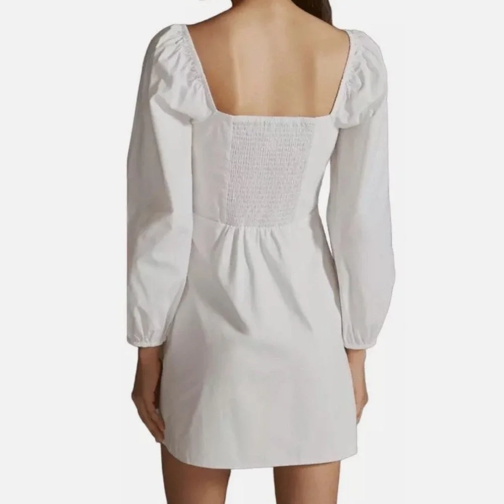 Free People White Cotton Linen Puff Sleeve Mini Dress Smocked Back Cottagecore M